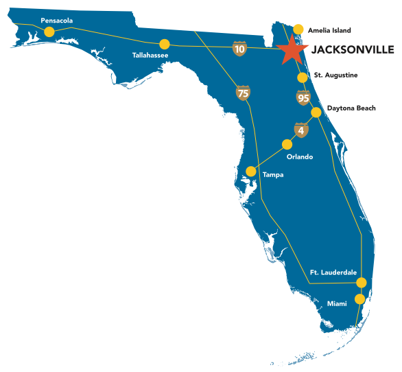 Jacksonville is located in the North East corner of Florida.